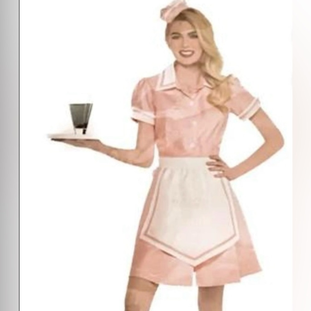 Pink and White Dinner Darling size large includes 3 PCS Dress Hat and Apron